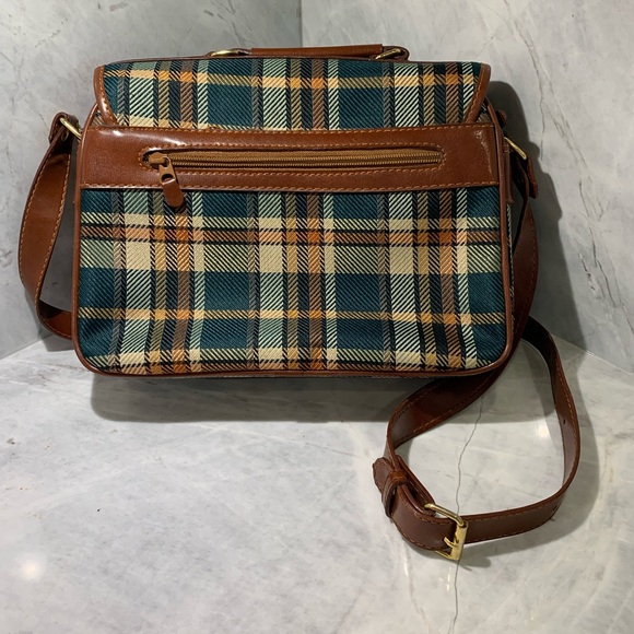 D Collection vintage plaid & vinyl purse with adjustable strap rich colour - Picture 2 of 13